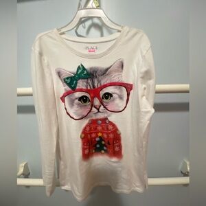 The Children's Place White Tee with Cat in Red Glasses